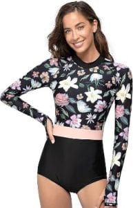 Axesea Long Sleeve Swimsuit in black and floral