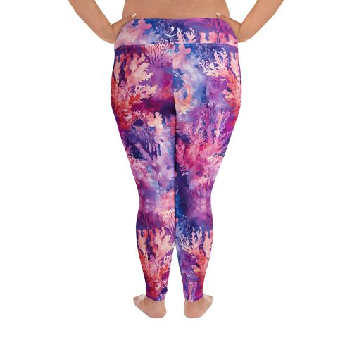 Back of coral reef print swim leggings from Scuba Girl Gear, on a plus sized model.