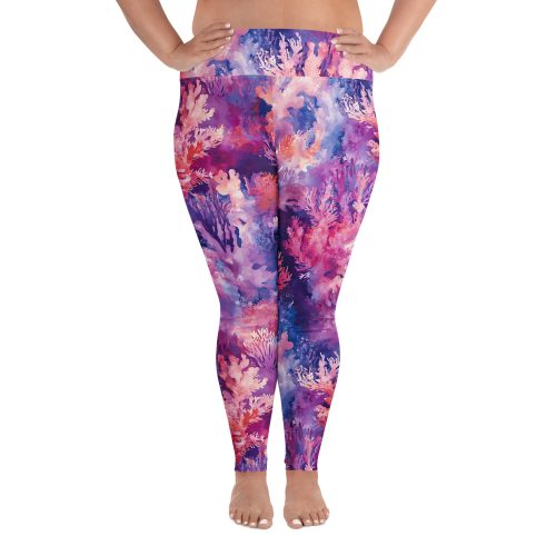 Front of plus sized swim leggings on a model, coral reef print.