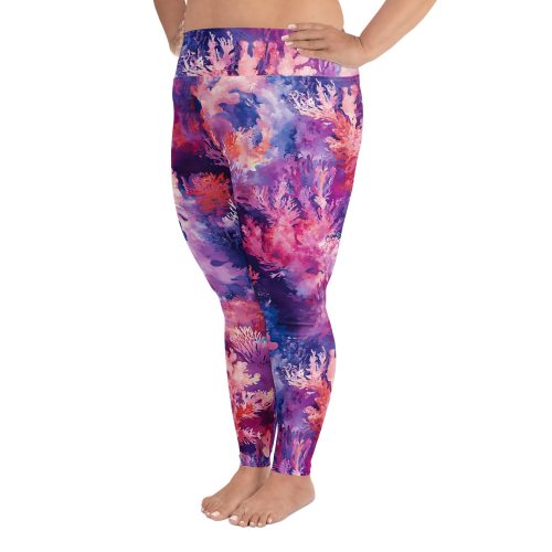 Side view of plus sized women's leggings with coral reef print.