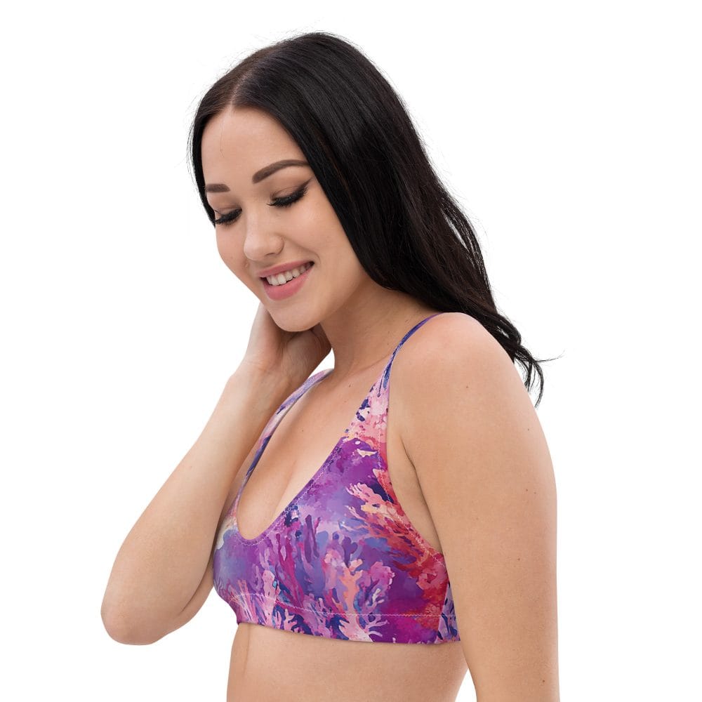 Padded Bikini Top made from recycled materials, side view, Whispers of the Reef print.