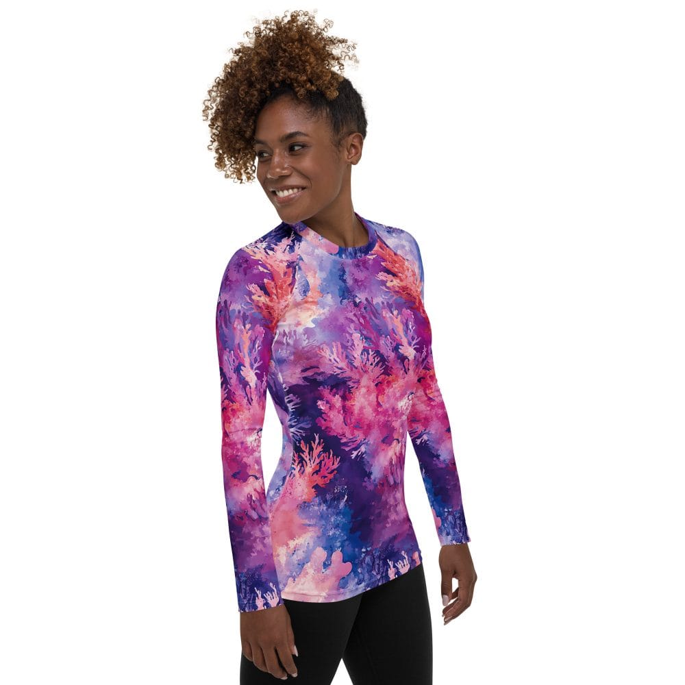 Model wearing Whispers of the Reef rash guard from Scuba Girl Gear.