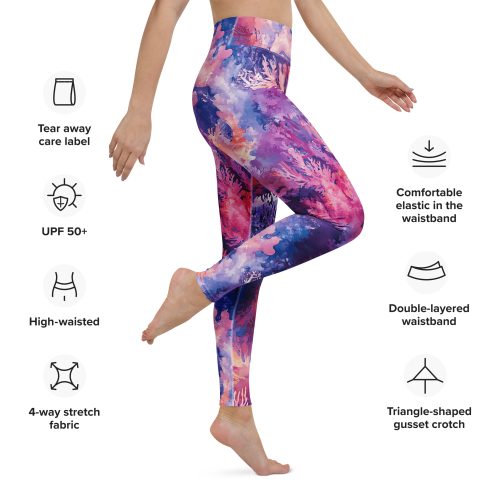 Informational image about the design of leggings with a coral reef print.