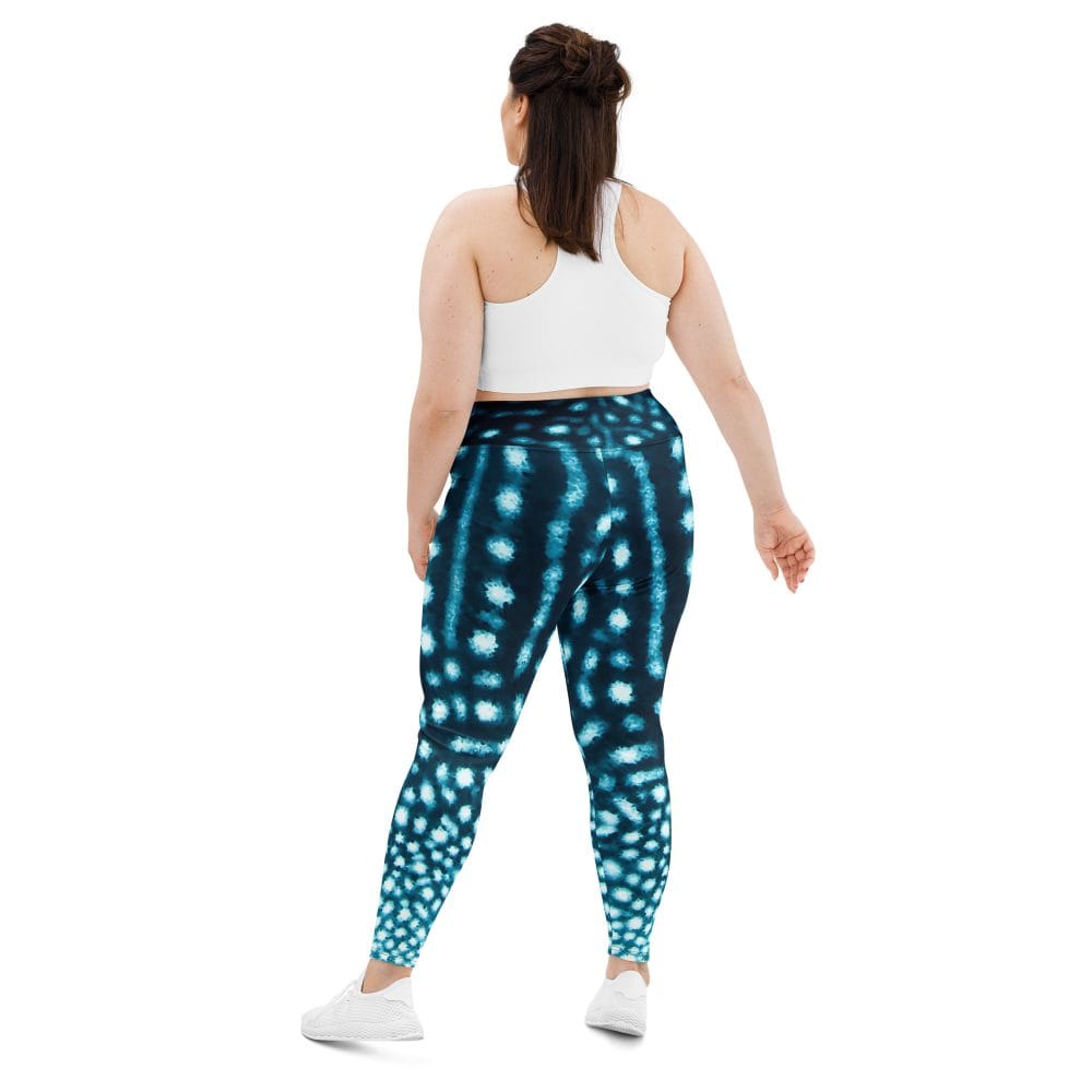 The back of Whale Shark Wanderer leggings in plus size from Scuba Girl Gear.