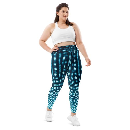 Plus size model in Whale Shark leggings from Scuba Girl Gear.