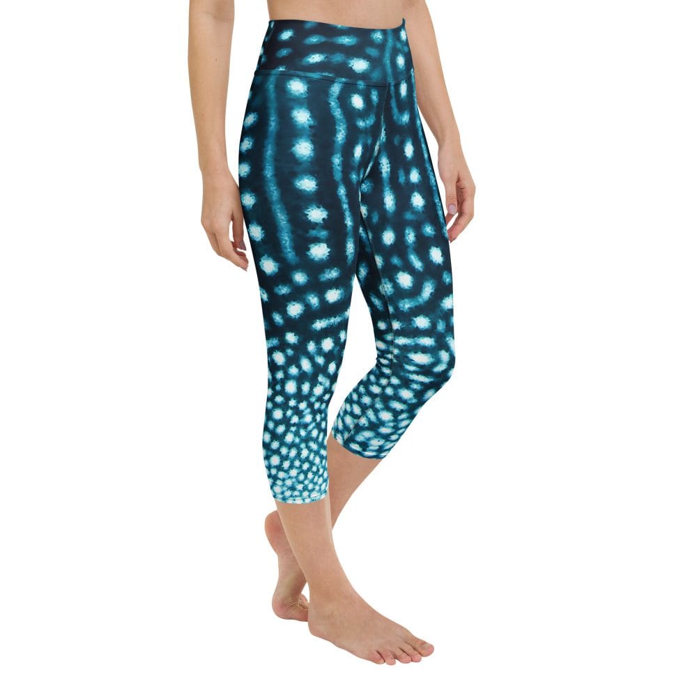 Side view of capri length whale shark leggings.